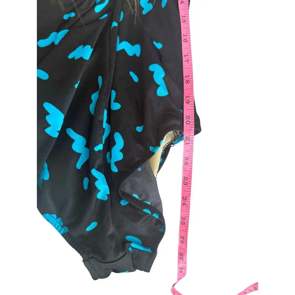 Vintage Maxine of Hollywood Swimsuit Size 14 Black Turquoise Ruched One Piece
